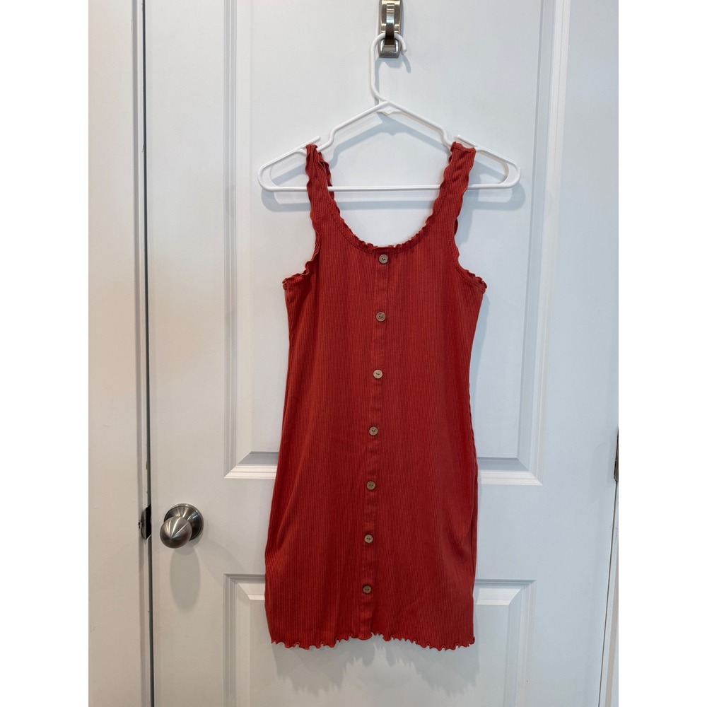 No Boundaries Girls Rust Orange Ribbed Lettuce Edge Button Front Dress M 7-9
